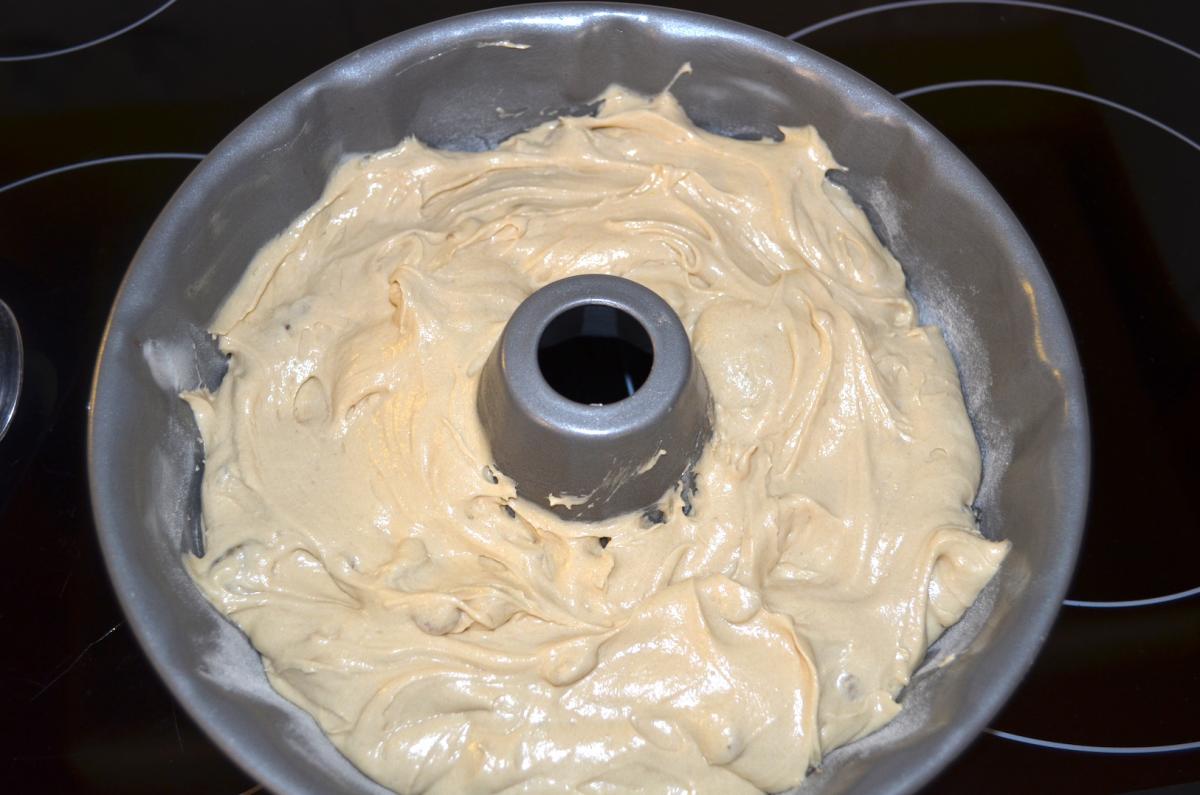 This brown sugar black walnut cake is ready to bake.